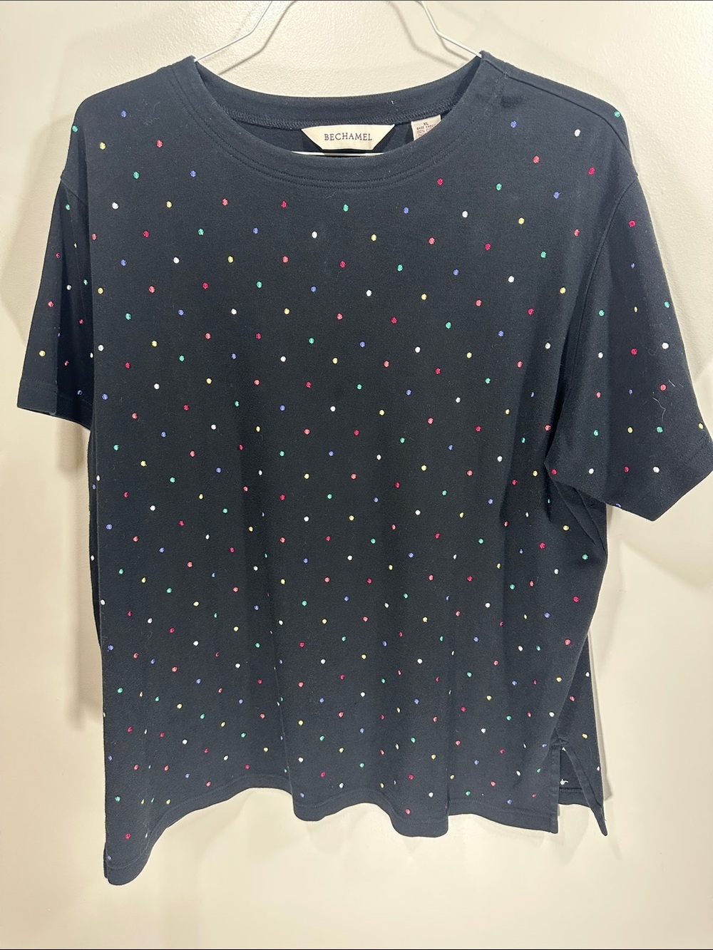 Bechamel Black Multicolor Rainbow Polka Dot short sleeve Tee 100% Cotton XL